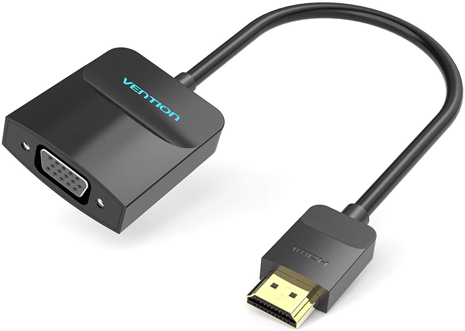 A black HDMI to VGA converter with a golden HDMI connector on one end and a black VGA female connector on the other, along with a USB cable.